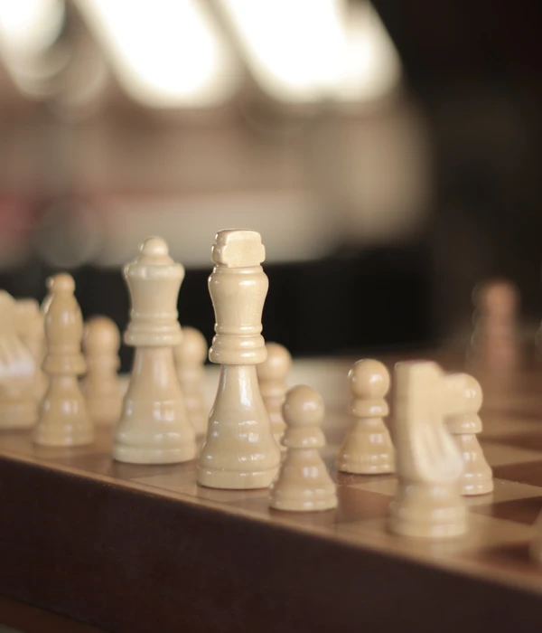 A close-up shot of light-colored wooden chess pieces, including the king and queen, arranged on a chessboard.